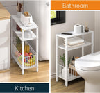 Narrow Side Table with Storage Basket Small End Table for Small Space,White