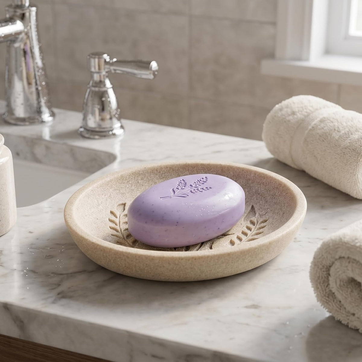 Bathroom Accessories Set, 4 PCS, Sandstone Look Leaf Beach Style