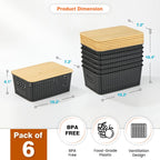 Ohmlove 6 Pack Plastic Storage Baskets with Bamboo Lids for Organization