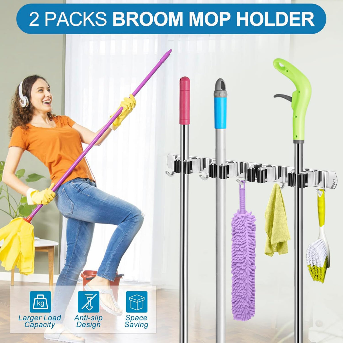 IMILLET 2 Pack Broom Holder Wall Mount Stainless Steel Mop Organizer