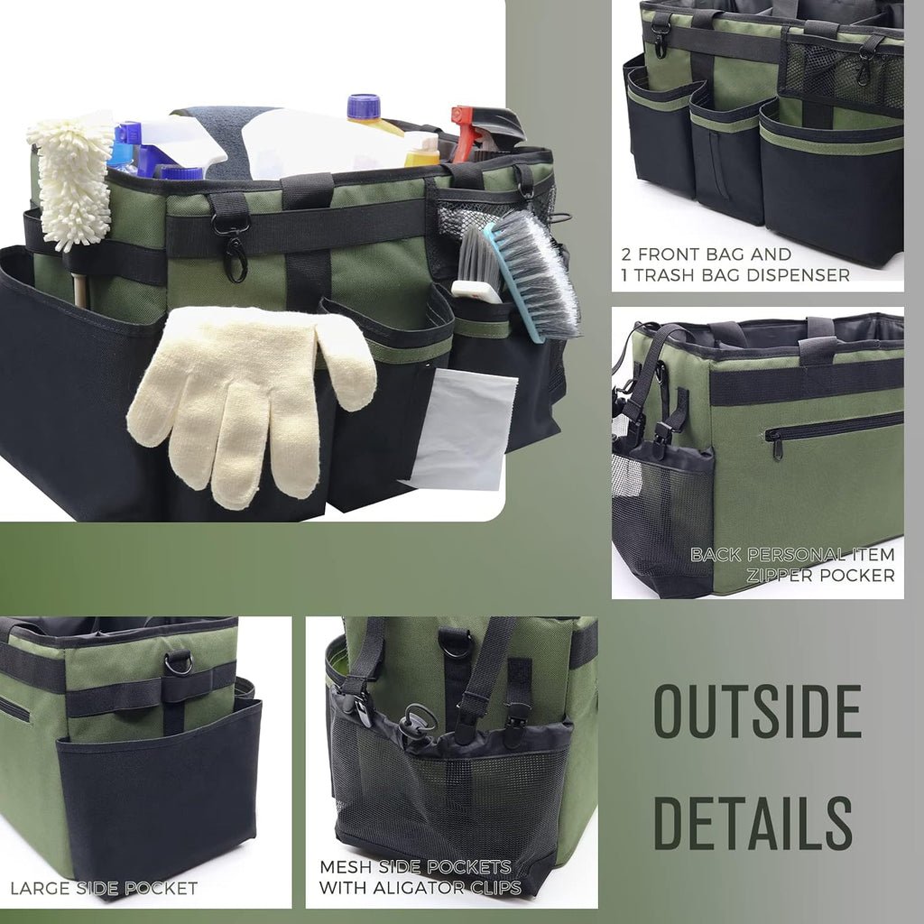 SCAVATA Wearable Cleaning Caddy Organizer with Handle & Shoulder Straps for Housekeepers, Under Sink & Car Cleaning Tool Organizer Bag with 4 Foldable Dividers (Green)