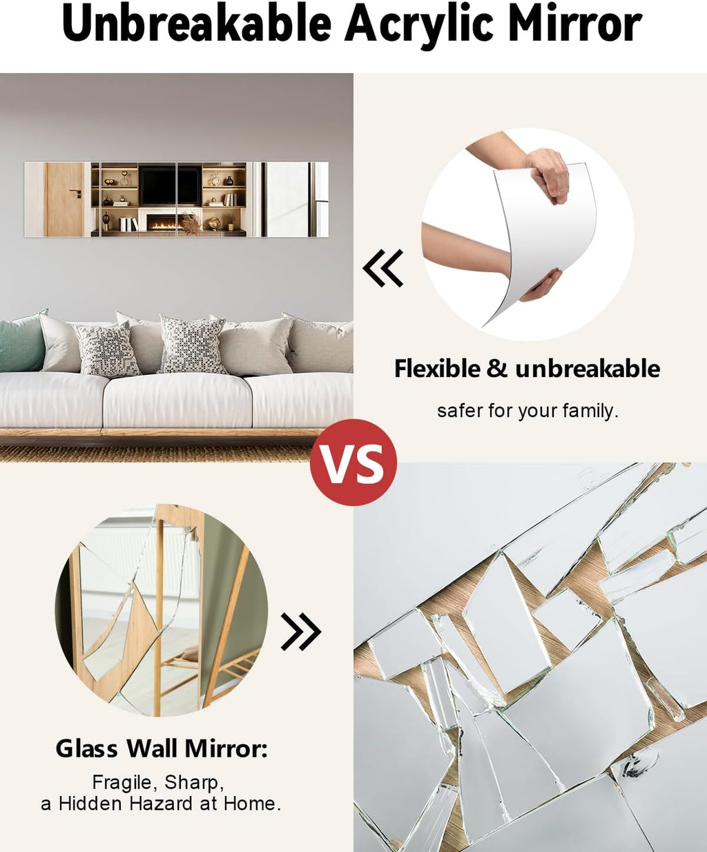 Full Length Wall Unbreakable Mirror Tiles12'' x 12'' x 4PCS