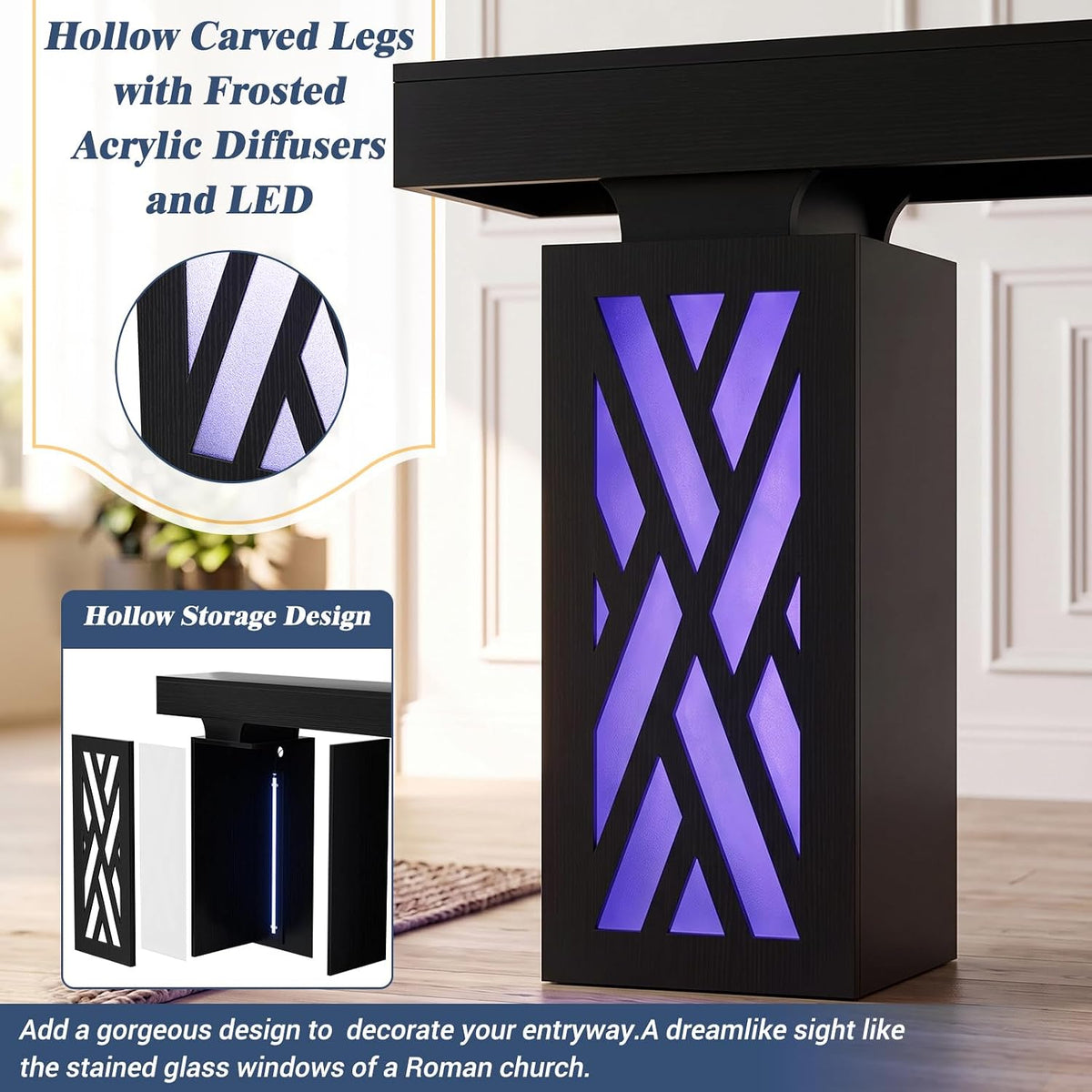 iSunirm 47.3" Extra Thick Entryway Table with LED & Outlets, Black