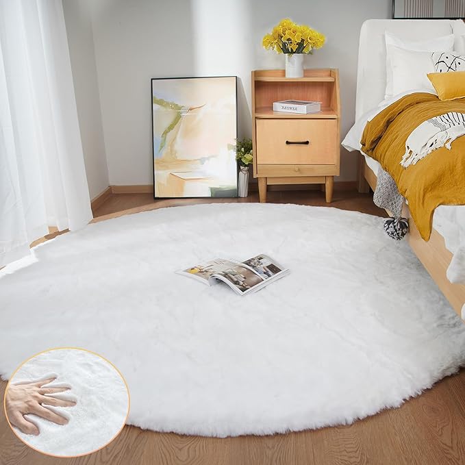 ORINOVA White Fluffy Round Rug 5ft - Image 4
