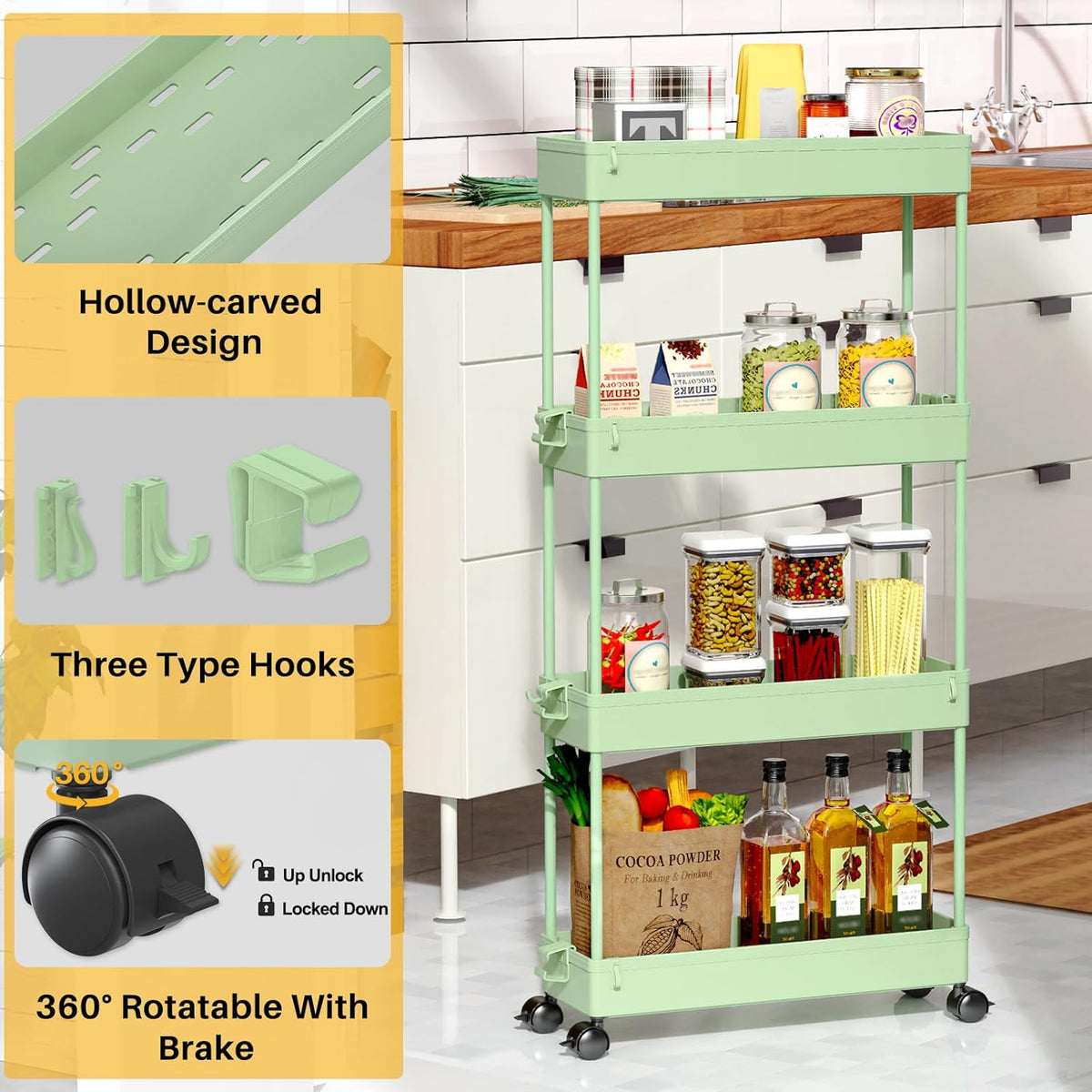 SPACEKEEPER Slim Rolling Storage Cart, 4 Tier Bathroom Cart Organizer,Green
