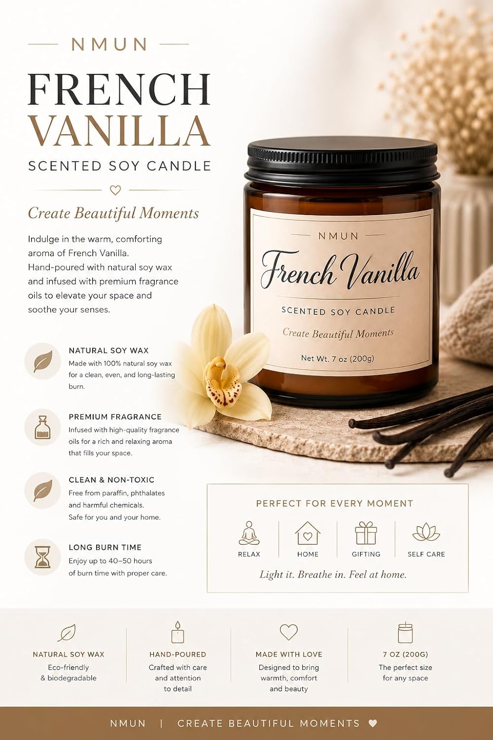 French Vanilla Scented Soy Candle, 7 oz Amber Glass Jar, Warm Vanilla Fragrance for Home, Relaxation & Gifting