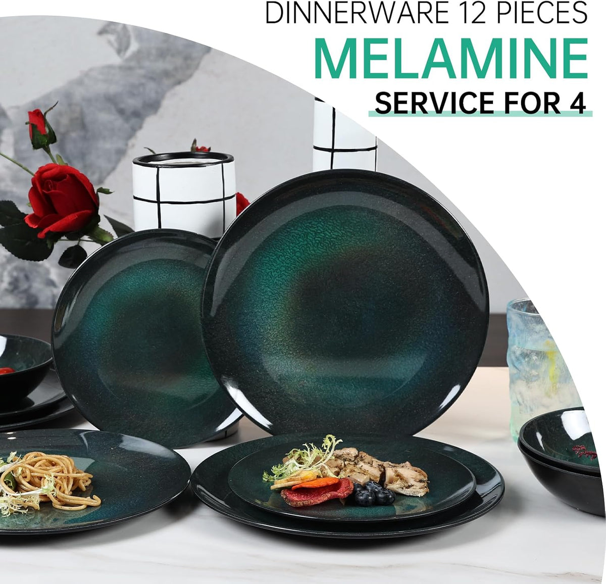 12pcs Plates and Bowls Set, Green Dinner Dishes Set