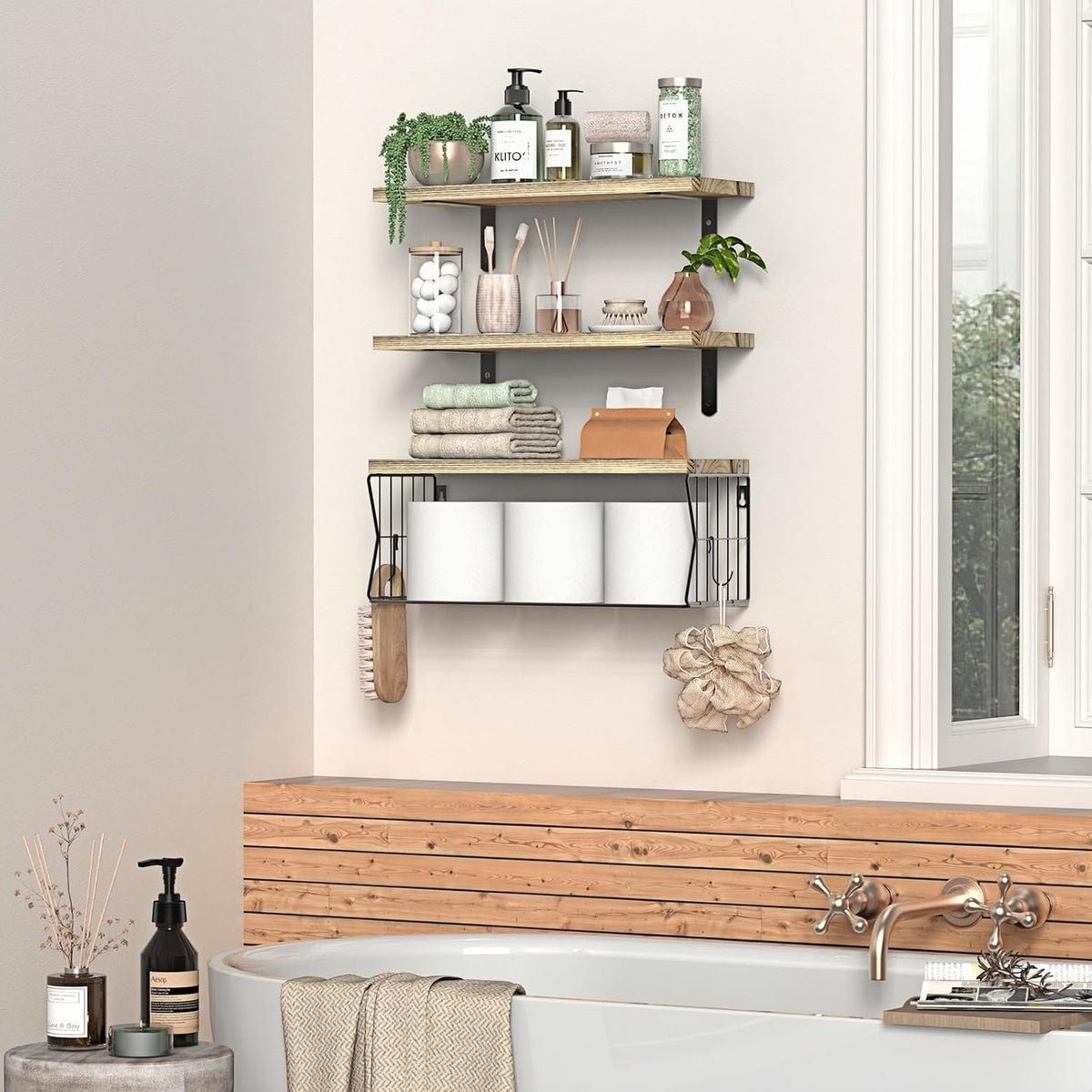 Floating Bathroom Shelves Wall Mounted - Wooden Shelf Set of 3 for Over Toilet Storage & Farmhouse Bathroom Decor - Perfect Shelving Organizer for Apartments RVs Powder Room Restroom - Wood