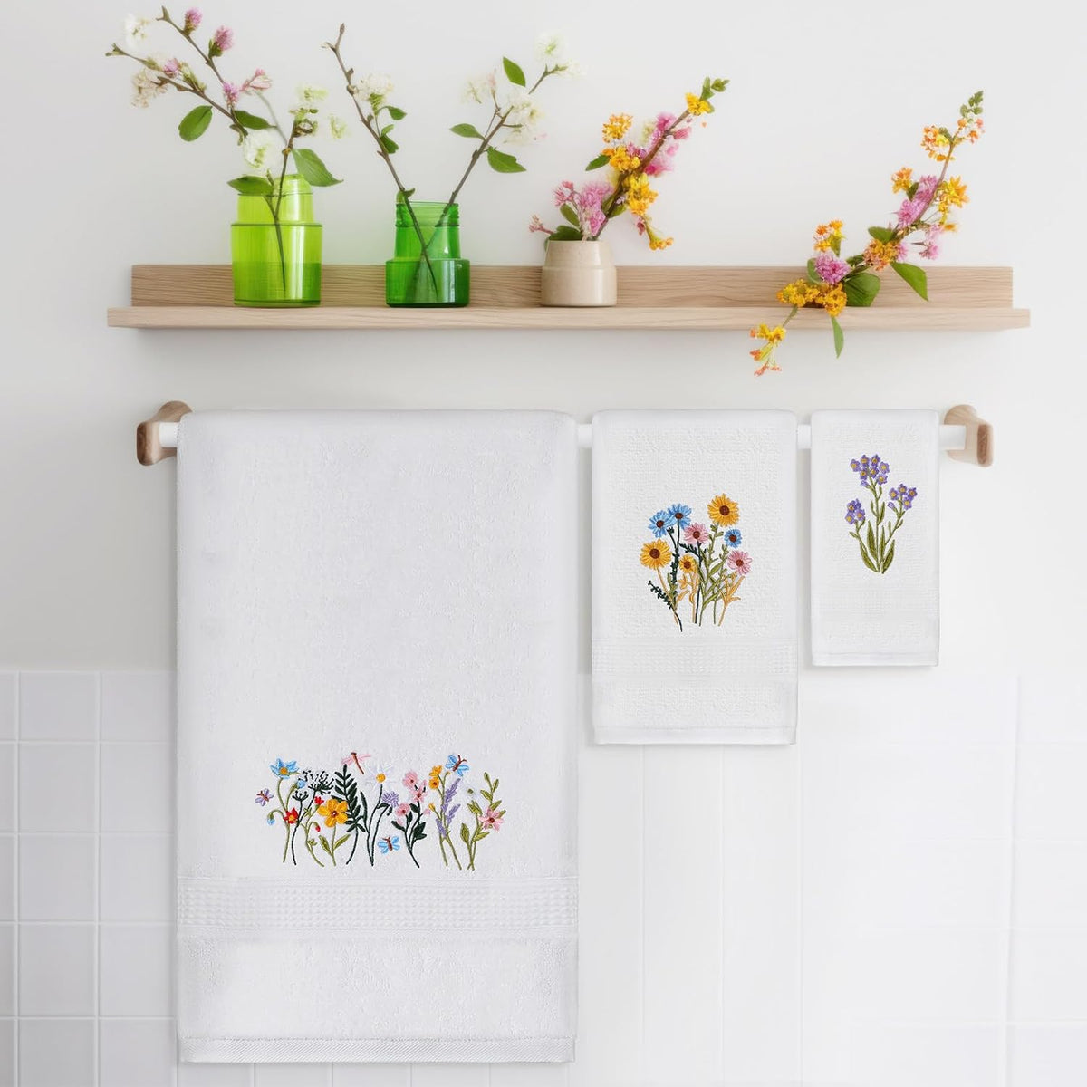 Moukeren 3 Pcs Floral Hand Towels Boho Wildflowers Cotton Bath Towel Set