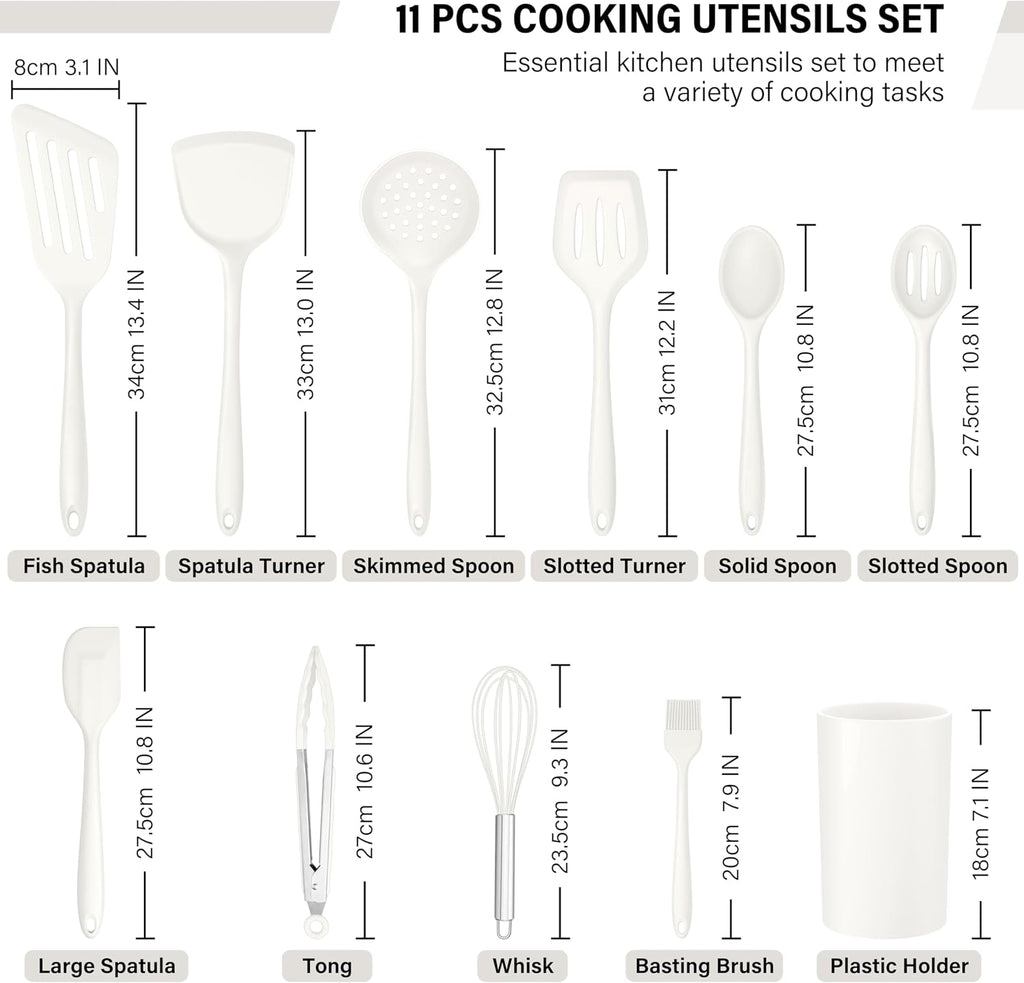HaWare 11 PCS Silicone Cooking Utensils Set, Heat Resistant Kitchen Utensils with Holder, Food-grade Spatula Sets for Nonstick Cookware, Kitchen Tools Gadgets Include Fish Turner, Spoon (White)