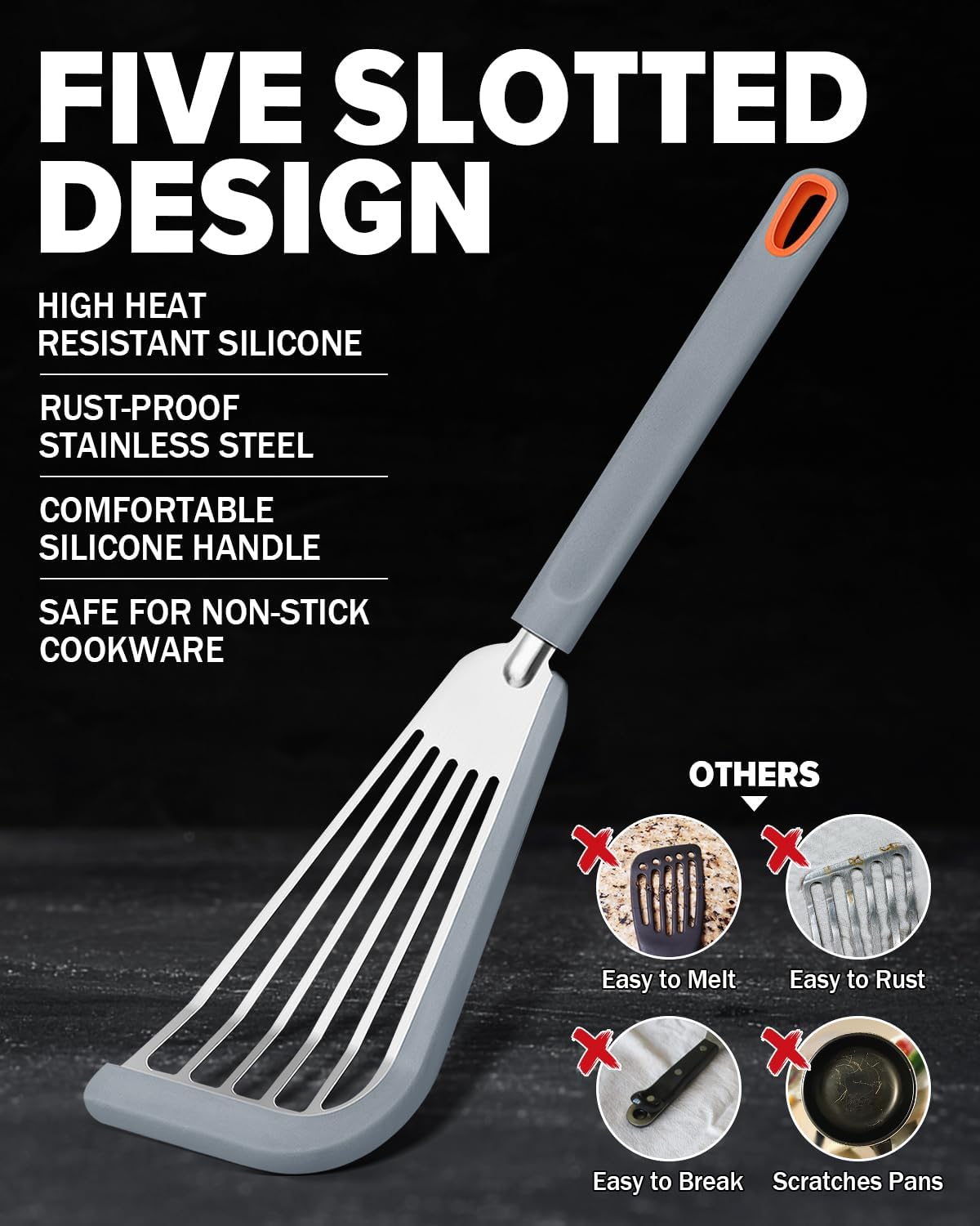 Fish Spatula Turner,Thin Slotted,Stainless Steel With Silicone Edge,2 Pack