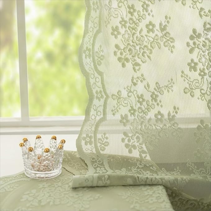 YJ YANJUN Vintage Lace Curtains 45 Inch Length-Victorian Floral Pattern Sage - Image 5