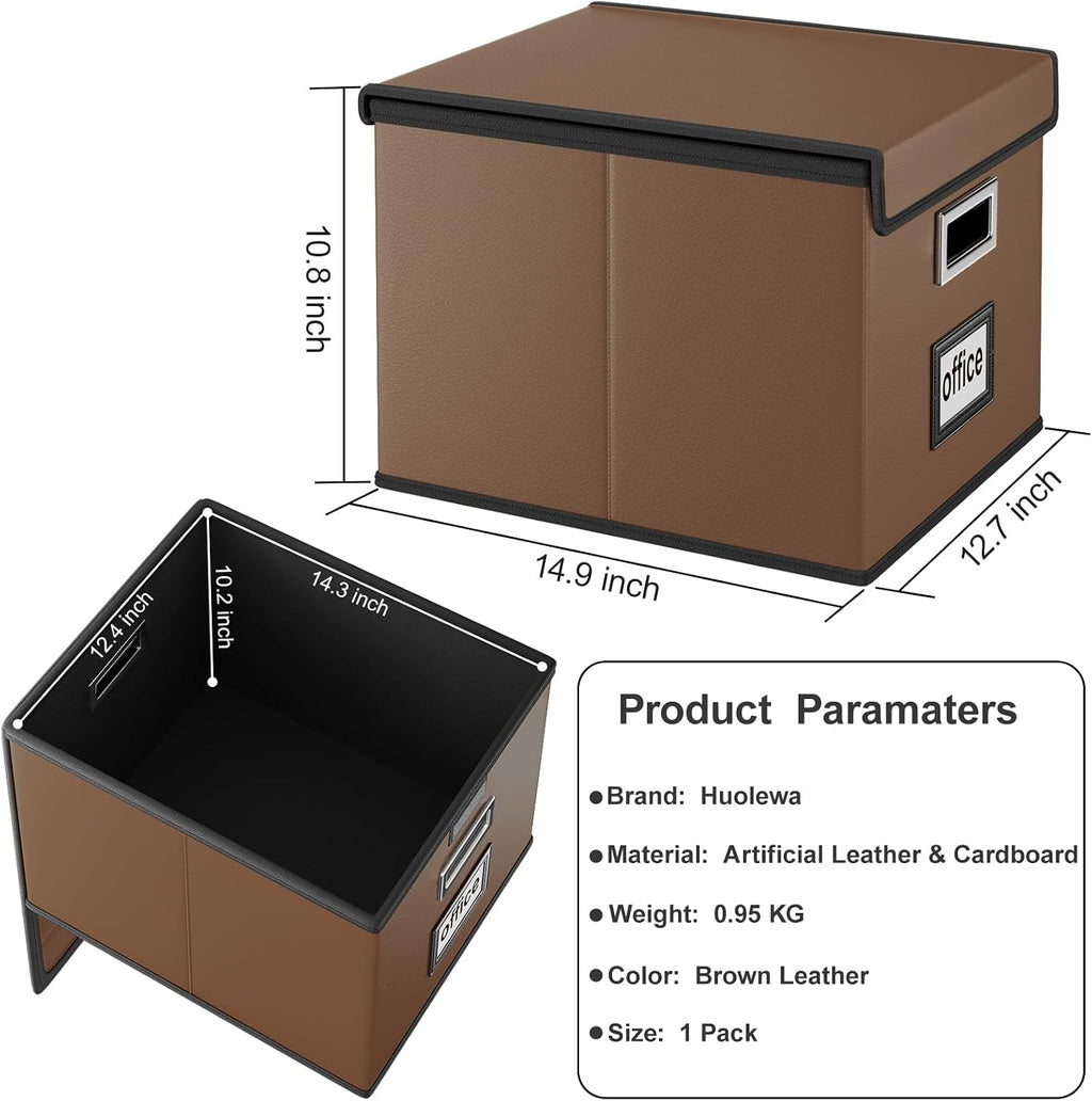 Foldable File Organizer Box with Lids (1 Pack, Brown, Leather)