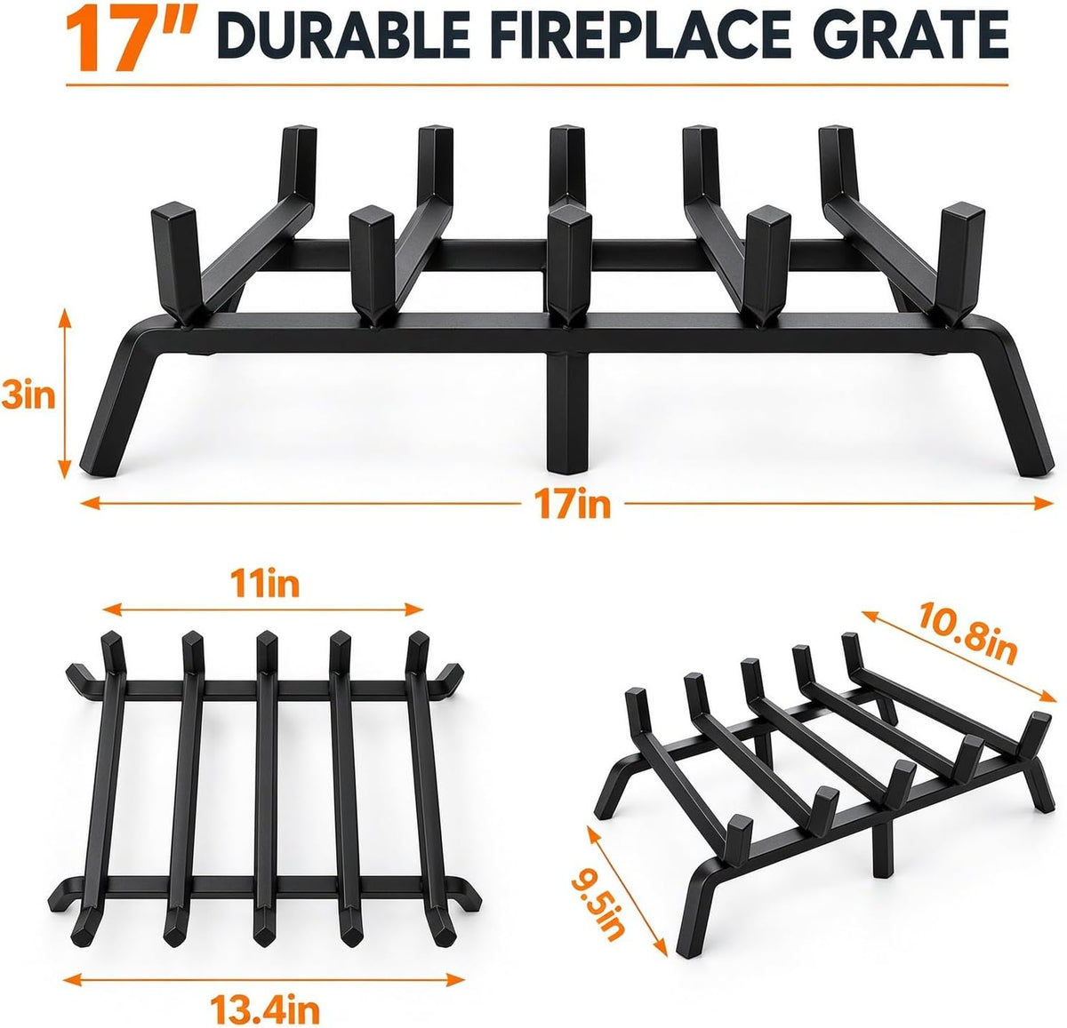 17 Inch Small Fireplace Grate, 1/2" Solid Steel Log Holder