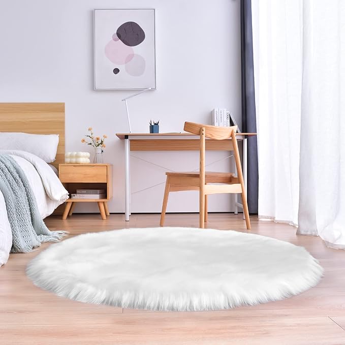 duduta White Faux Sheepskin Round Rug 4x4 ft, Fluffy Shag Fur Bedroom Nursery - Image 6