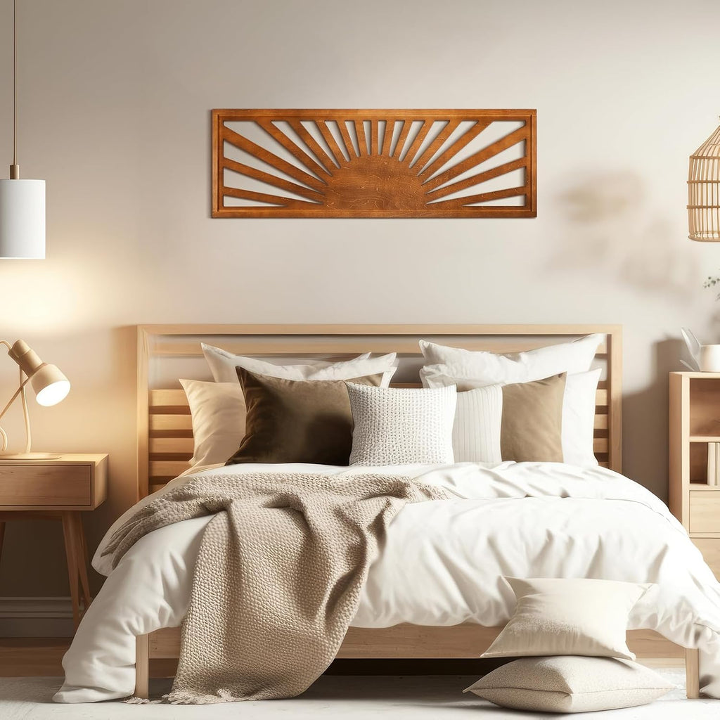 Burbell Horizontal Sun Wall Art, Boho Wooden Room Decor, 35"x12" Dark Brown