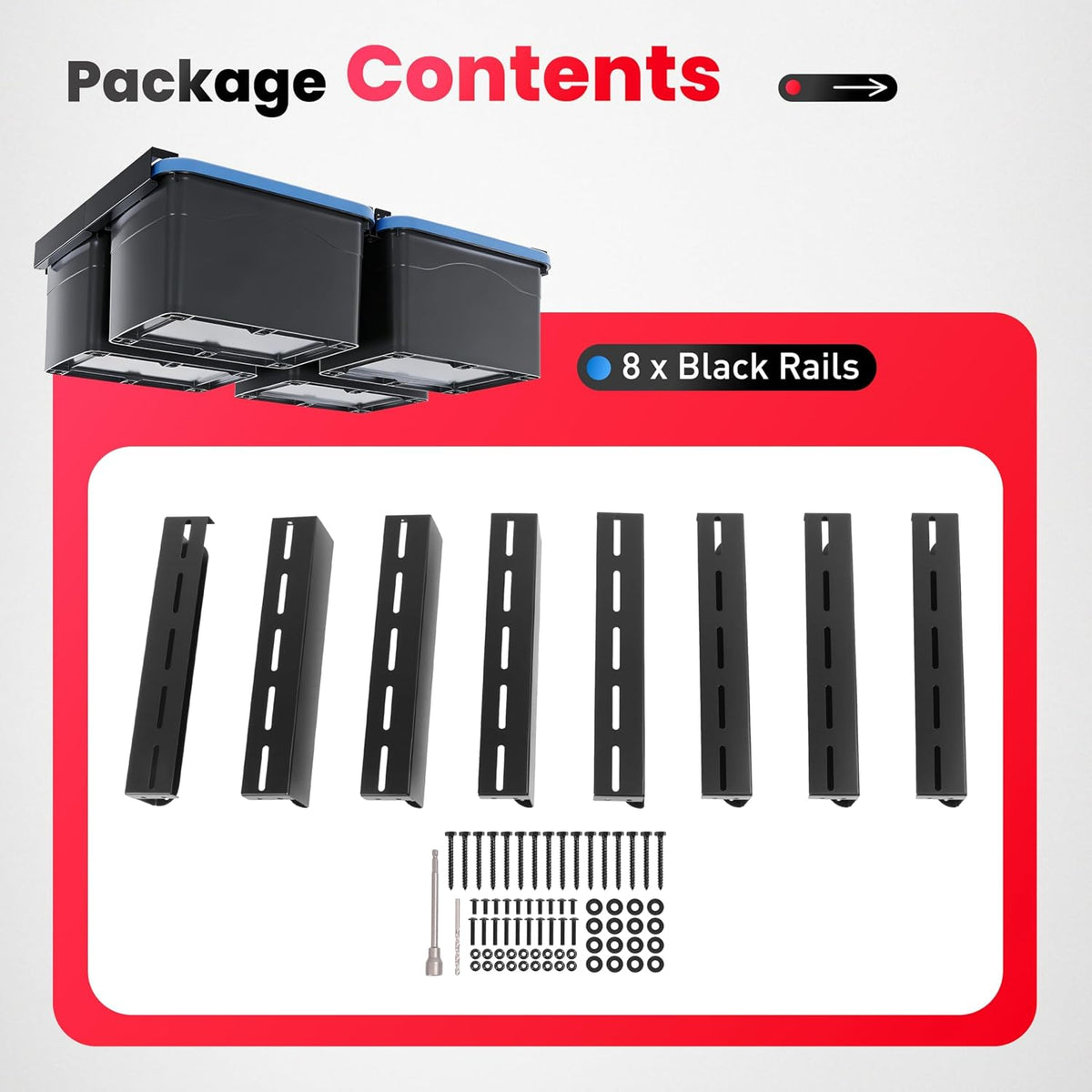Overhead Garage Storage Rack for 4 Bins, 8pcs Connectable Single Rails