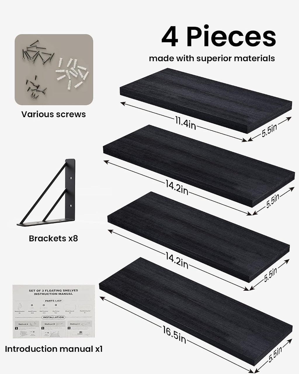 BAYKA Wall Mounted Black Floating Shelves for Wall (Set of 4, 16" Mixed)