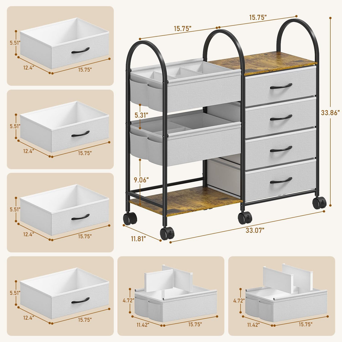 Baby Diaper Caddy Organizer Cart with Wheels, 4-Tier Rolling Diaper Cart with Dividers and Drawers, Multi-Layer Nursery Storage for Diapers & Baby Essentials