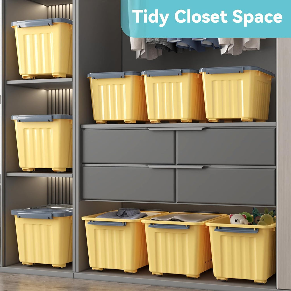 72 Quart Plastic Storage Bin On The Wheels, Stackable and Nestable Storage Boxes with Lids and Secure Latching Buckles, Large Storage Container (Yellow/Purple, 72Quart-6Pack)