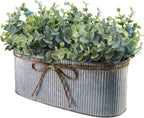 Winlyn Artificial Eucalyptus Arrangement in Rustic Oval Galvanized Metal Planter Box Faux Eucalyptus Bush Greenery Potted Plants for Farmhouse Indoor Home Office Table Centerpiece Kitchen Décor