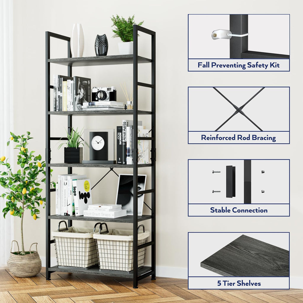 NUMENN 5 Tier Bookshelf, Tall Freestanding Open Storage Bookcase, Dark Grey