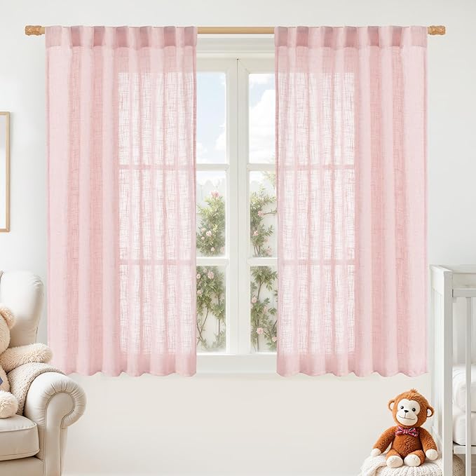 LAMIT Semi Sheer Linen Curtains 45 Inches Long, Light Filtering Panels Back Tab by LAMIT