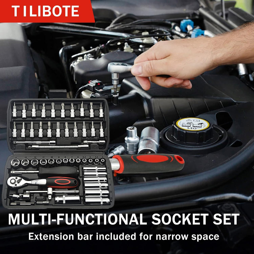 Socket Wrench Set, 53PCS 1/4 Inch Ratcheting Wrench Set And Extension Bar Gimbal Slide Bar Extension Sockets, Set For Automotive Repair And Home Use.