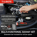 Socket Wrench Set, 53PCS 1/4 Inch Ratcheting Wrench Set And Extension Bar Gimbal Slide Bar Extension Sockets, Set For Automotive Repair And Home Use.