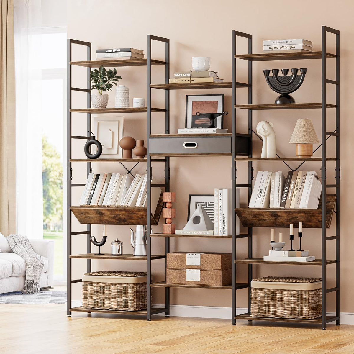 NUMENN Triple Column 5 Tier Bookshelf with 14 Adjustable Shelves, Vintage