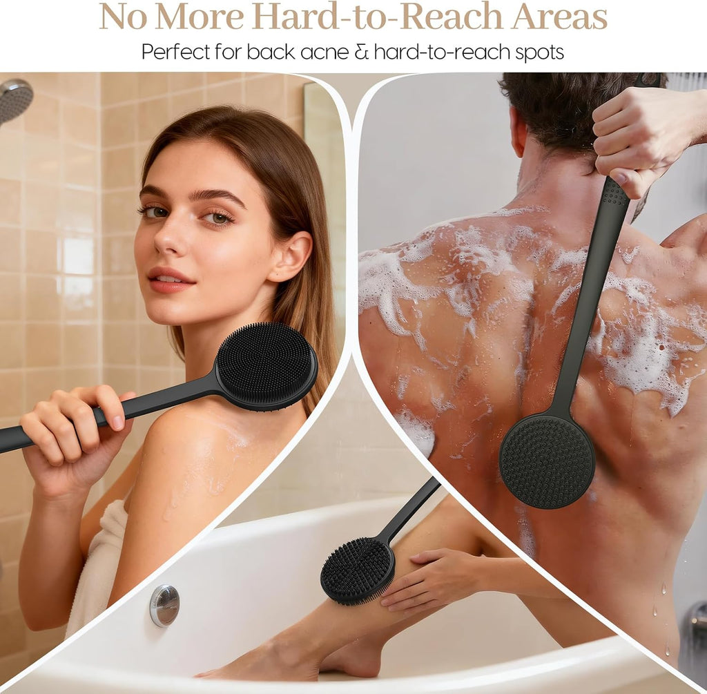 Silicone Back Scrubber for Shower &Silicone Face Scrubber, 2Pcs Silicone Exfoliating Brush Set with 17In Long Handle, Soft Body & Facial Cleansing Scrubber for Men Women