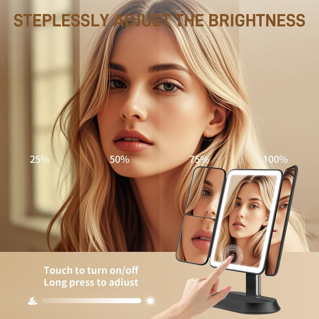 Rechargeable Lighted Makeup Mirror with 1X/3X/5X Magnification, Professional 3-Color LED Trifold Vanity Mirror, Smart Memory, Type-C Charging, Portable Beauty Mirror for Travel, Idea Gifts - Black