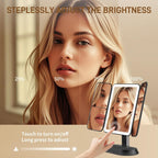 Rechargeable Lighted Makeup Mirror with 1X/3X/5X Magnification, Professional 3-Color LED Trifold Vanity Mirror, Smart Memory, Type-C Charging, Portable Beauty Mirror for Travel, Idea Gifts - Black