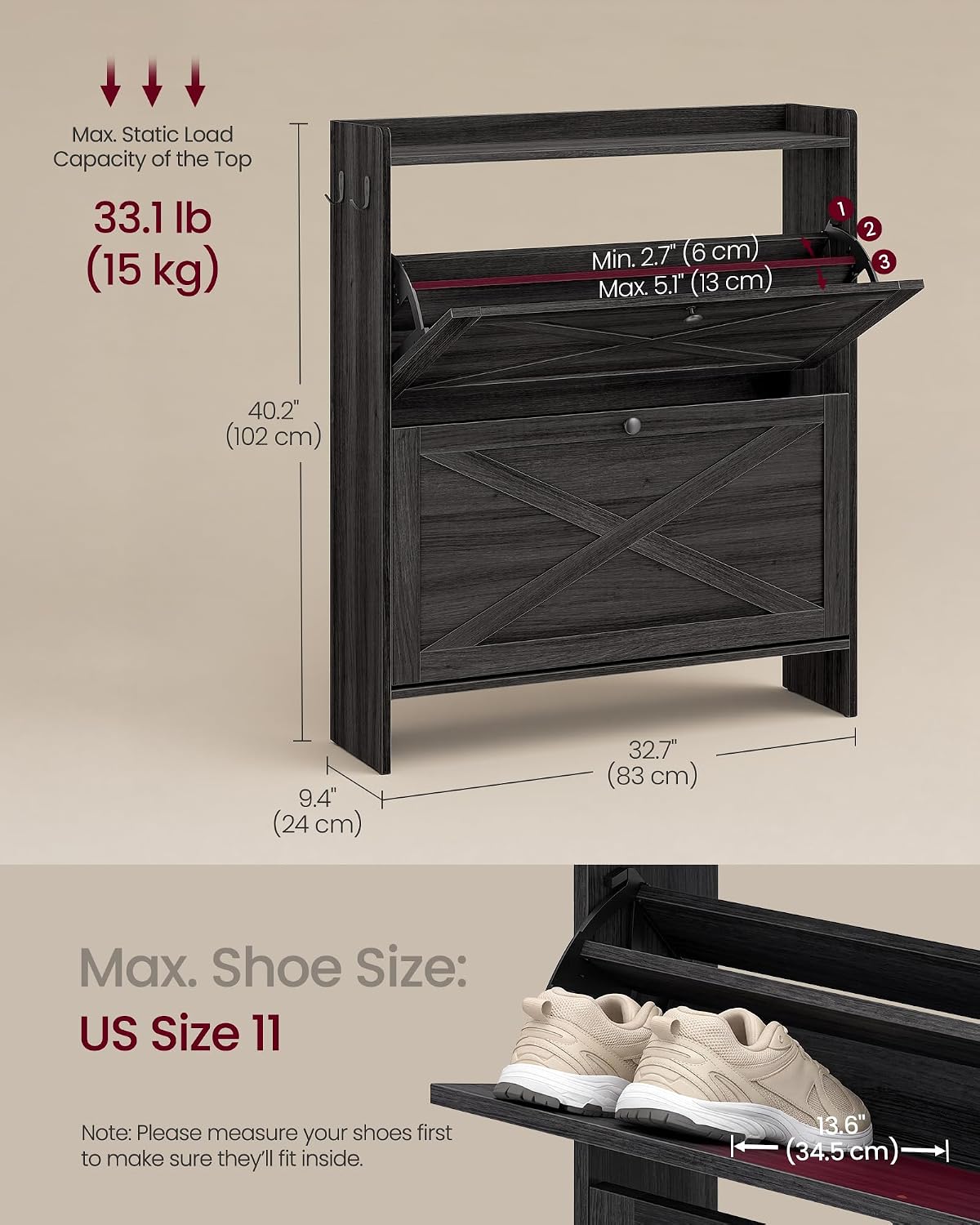 VASAGLE Narrow Shoe Storage Cabinet Organizer with 2 Flip Drawers