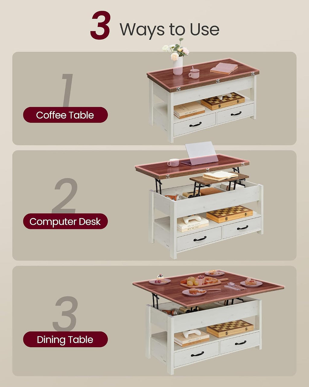 VASAGLE Lift Top Coffee Table, 3 in 1 Center Table with Storage, 2 Drawers