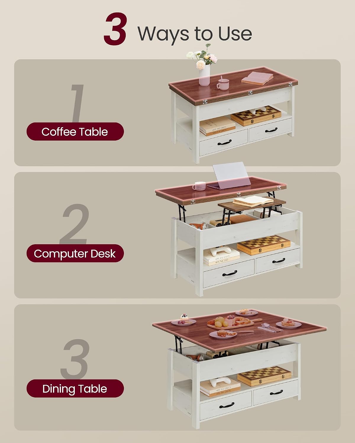 VASAGLE Lift Top Coffee Table, 3 in 1 Center Table with Storage, 2 Drawers