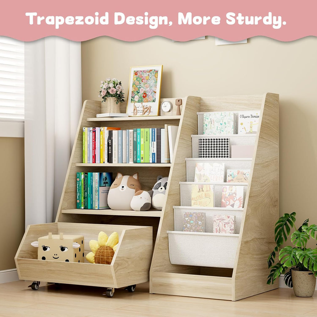 Kids Bookshelf, 4 Tier Toddler Bookcase with Toy Storage Drawer
