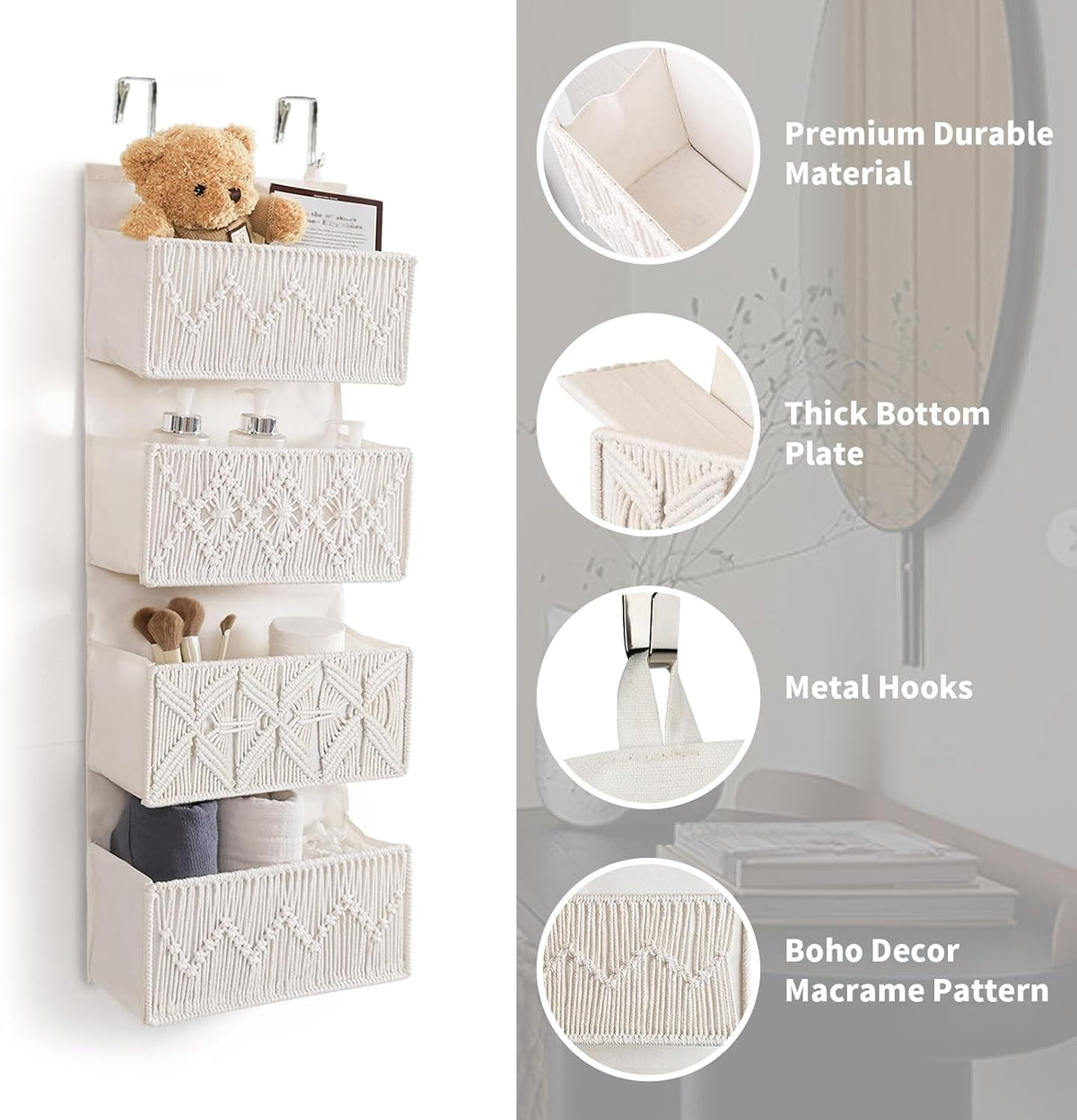 ANTIS'S HOME Nursery Over The Door Organizer Boho Decor Nursery Storage with 4 Large Woven Pockets, Macrame Nursery Organizers and Toys Storage, Behind Door for Bathroom, Bedroom