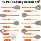 Silicone Cooking Utensil Set,10 PCS Cooking Kitchen Utensils Set, Nonstick Kitchen Utensils 446°F Heat-Resistant Cookware Tools of Spoon,Brush,Whisk,Spatula,Turner Tongs (Khaki)