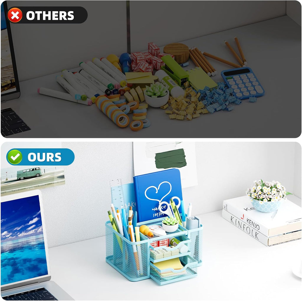 Marbrasse Mesh Desk Organizer, Pen Organizer with 2 Drawer, Multi-Functional Pencil Holder, Desk Organizers and Accessories with 5 Compartments + Drawer for Office Art Supplies (Blue)