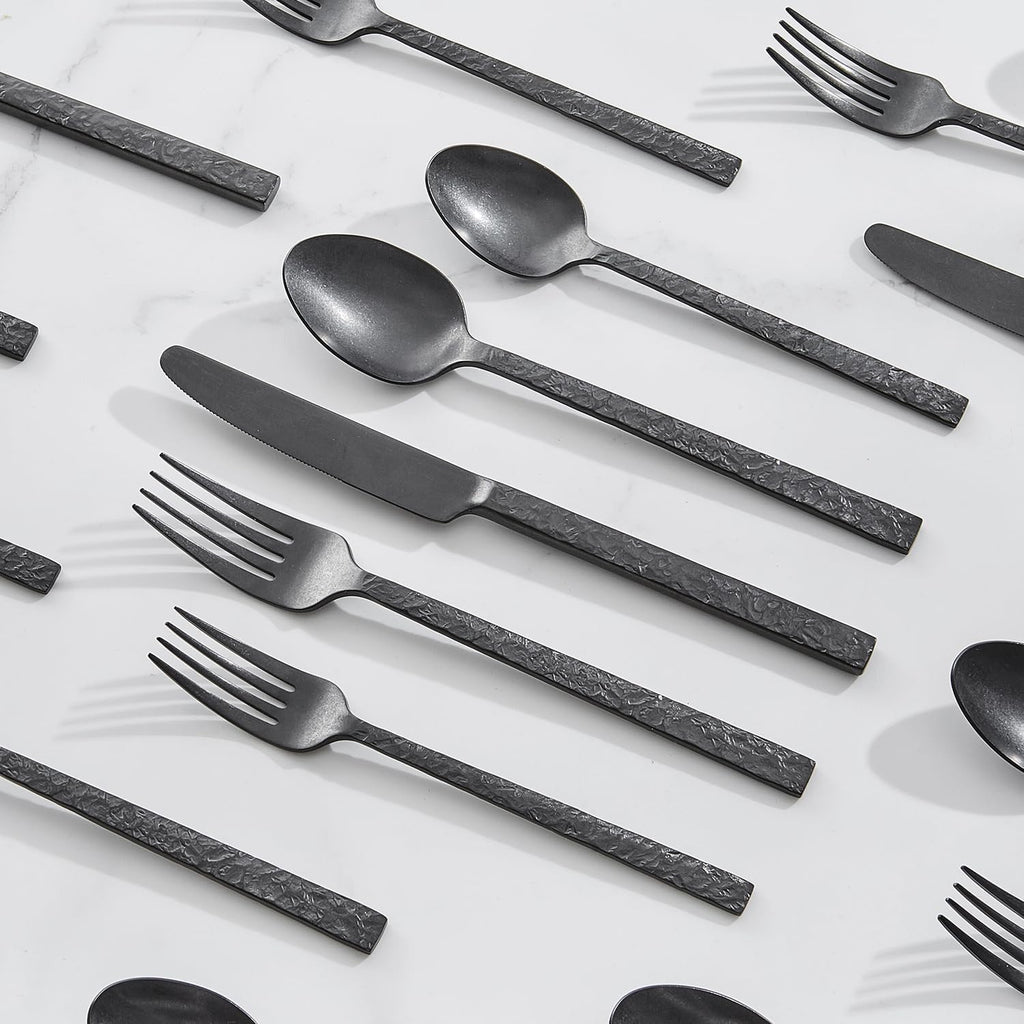 20 Pcs Black Hammered Silverware Set for 4, 18/10 Stainless Steel Flatware