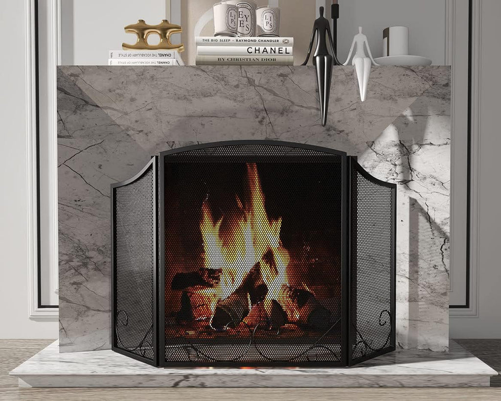 Lizh Metalwork 3-Panel Black Wrought Iron Fireplace Screen,48"(L) x 29"(H) Spark Guard with Scrolling Design,Decorative Hearth Screen