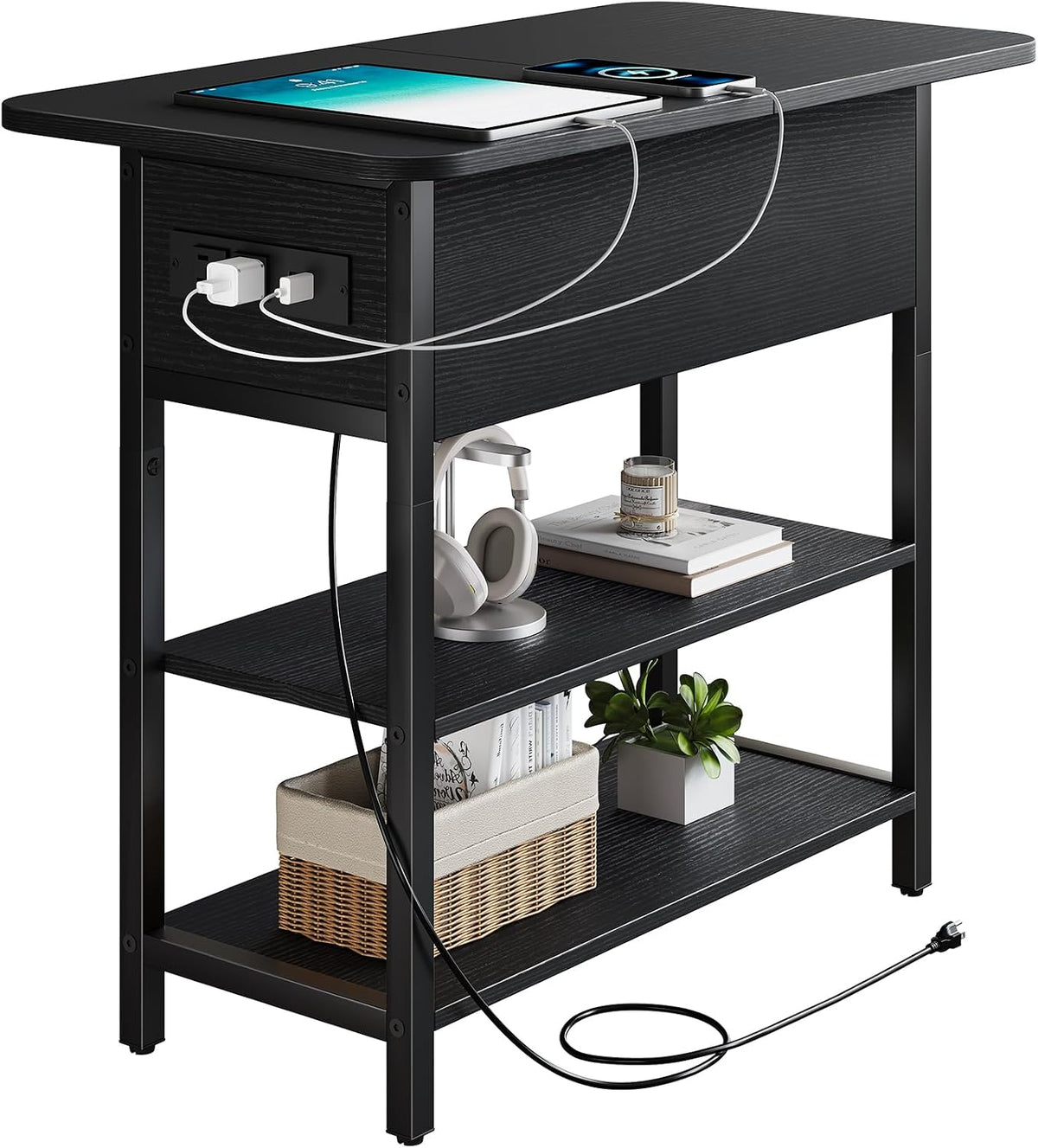 Yoobure End Table with Charging Station, Flip Top Side Table with USB Ports and Outlets, Sofa Couch Table Bedside Table for Living Room Bedroom, Narrow Nightstand with Storage Shelves for Small Spaces