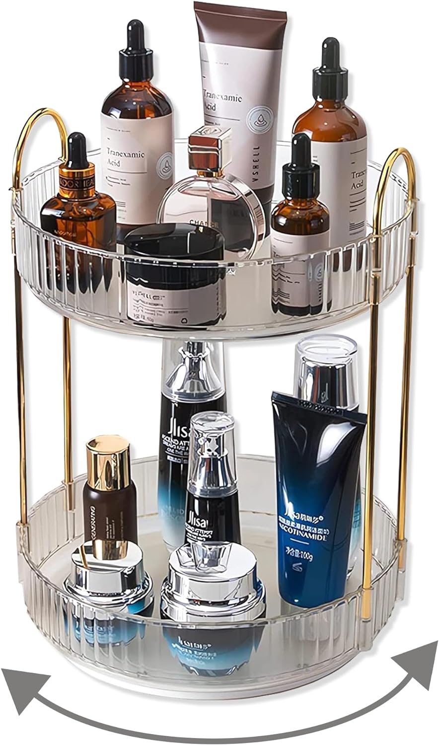 360 Rotating Makeup Organizer,2 Tier Large Capacity Make Up Organizers and Storage,Skincare Perfume Vanity Organizers,Bathroom Cosmetics Storage Organizer Countertop(Clear-2 Tier)