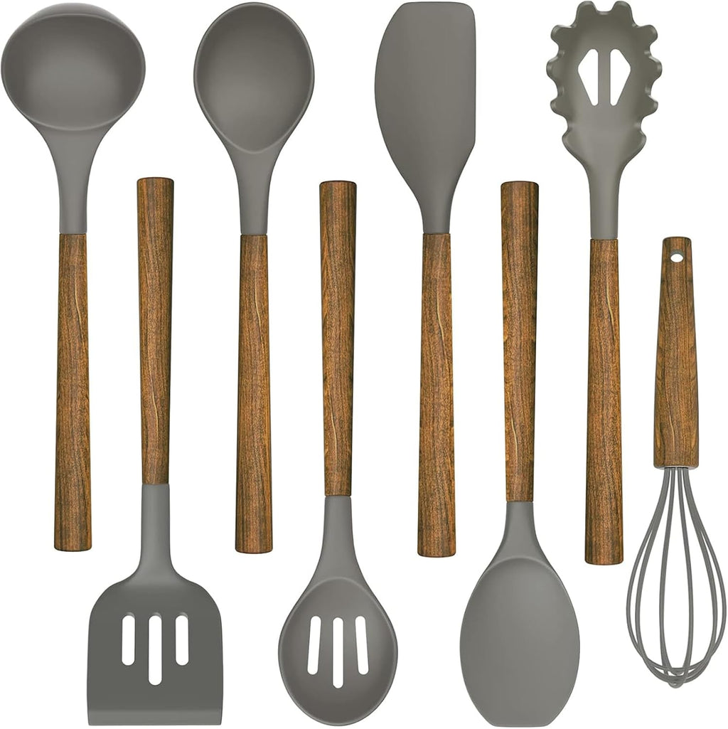 Silicone Cooking Utensil Set, Umite Chef 8-Piece Kitchen Utensils Set with Natural Acacia Wooden Handles,Food-Grade-Silicone Kitchen Gadgets Spatulas Set for Nonstick Cookware- Black