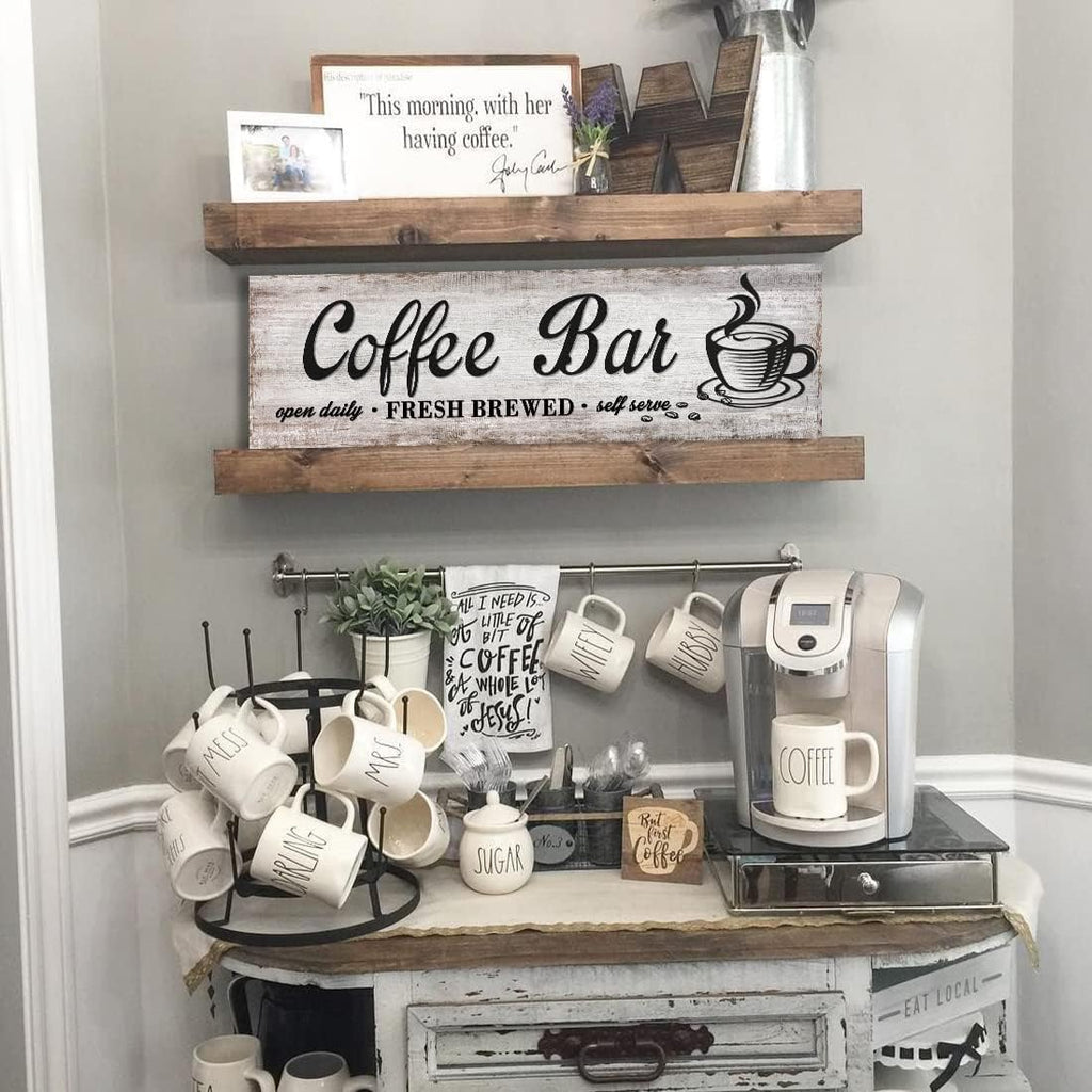 Rustic Wood Grain Coffee Station，Retro Coffee Bar Signs for Kitchen 6x17