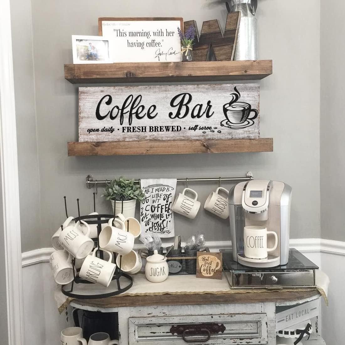 Rustic Wood Grain Coffee Station，Retro Coffee Bar Signs for Kitchen 6x17