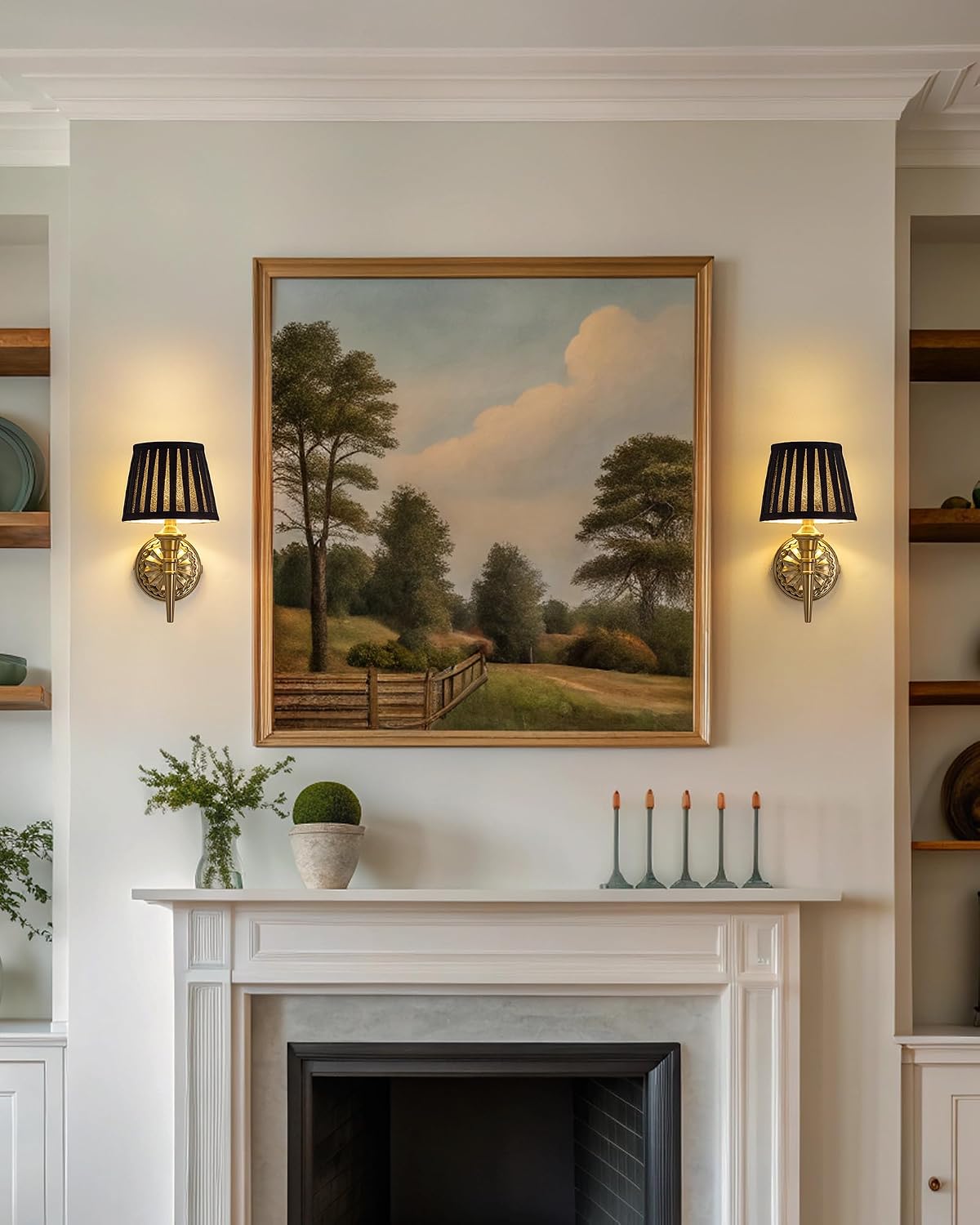 KDG Cordless Gold Wall Sconces Set of 2, Black Fabric Lampshde Wall Lamps