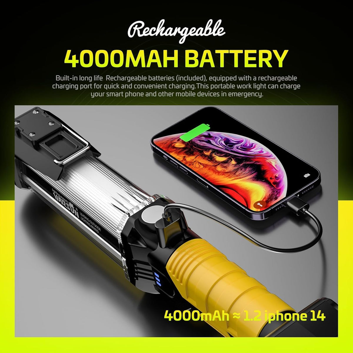 WARSUN Rechargeable COB LED Work Light-Magnetic Hands-Free Trouble Light with Hook, IPX4 Waterproof for Garage Repair, Mens Gifts-Emergency Light Tool for Adults Men Dad (Yellow)