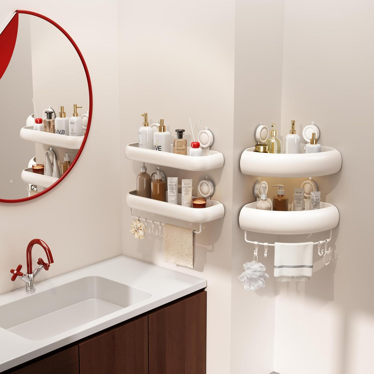 Shower Caddy Suction Cup, 2 Pack No Drilling Corner Shower Shelves, Rust Proof Bathroom Storage Organizer, Shower Corner Caddy with Removable Hooks and Towel Bar, Square, Cream